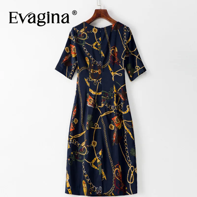 Evagina Fashion Design Summer Women's Dress Vintage Print Short Sleeve Slim-Fit Hip Wrap Dark Blue A-Line Dresses