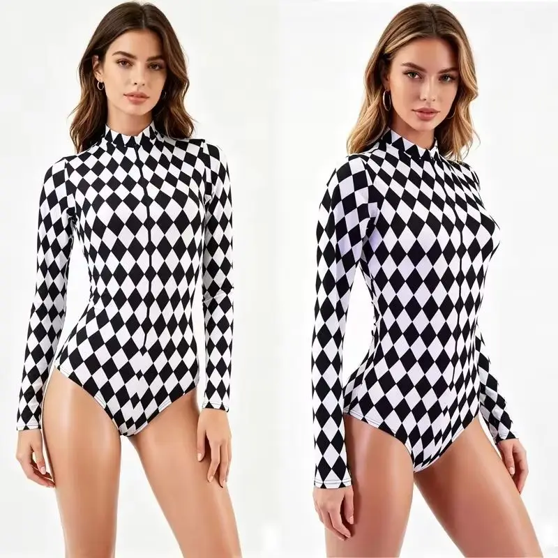 

Black White Diamond Checkered Sexy Bodysuit Women Long Sleeve High Neck Clown Cosplay Stage Jumpsuit For Music Party Clubwear