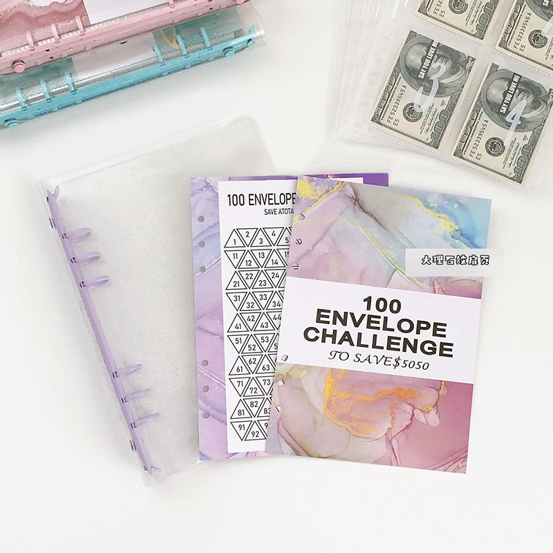 1Set 100 Day 100 Envelope Challenge Marble Pattern Loose-leaf Savings Notebook Saving Money Binder Cash Budget Storage Book Gift