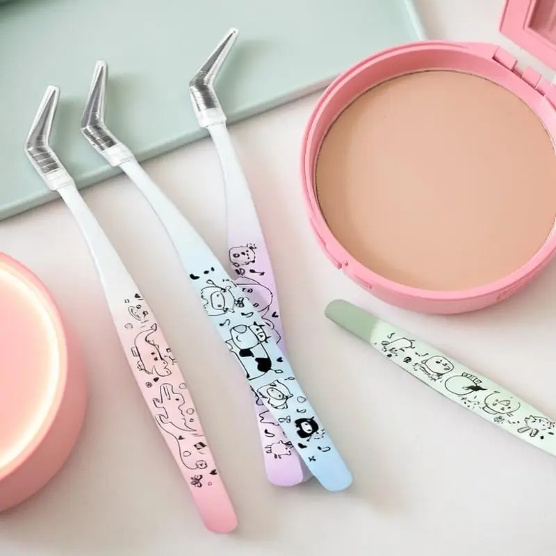 Pinzas para pestañas postizas con estampado de dibujos animados, pinzas para extensión de pestañas 3D profesionales curvadas de acero inoxidable, herramientas de maquillaje