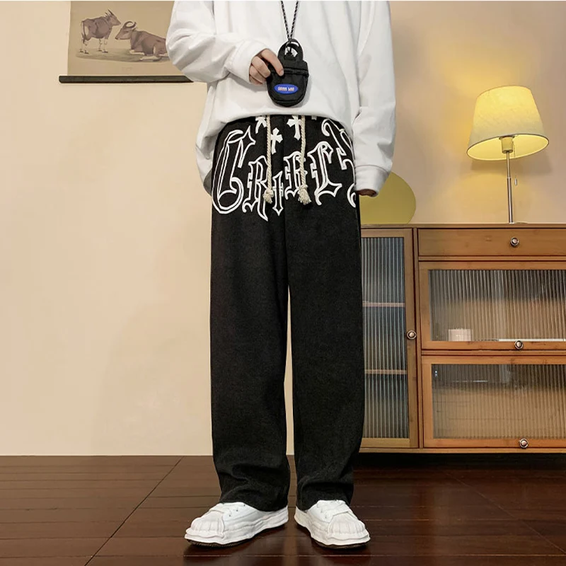 High-quality Body Idle Lace-up Pants Men Foaming Process Letter Print Retro Tide Wind Straight Wide Leg Pants