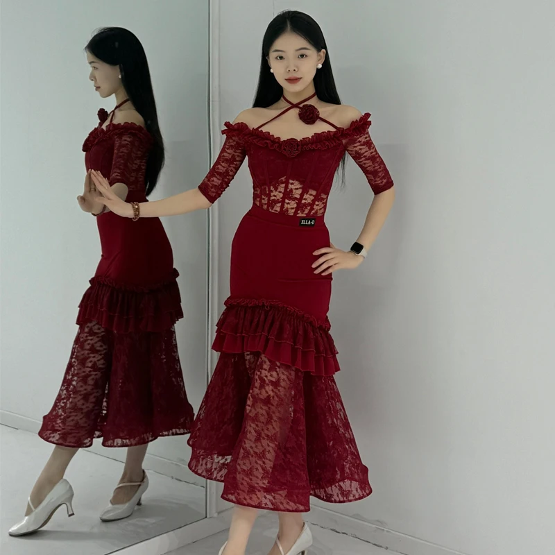 

Красные кружевные рукава, платья для латинских танцев, женские костюмы для соревнований по бальным танцам самбы, вальс для взрослых, одежда для современных танцев SL14851