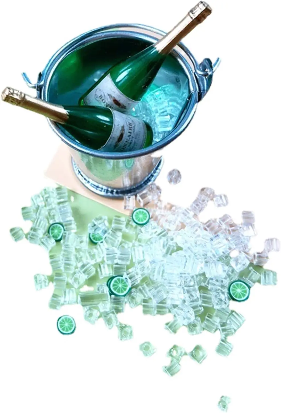 1set Miniature Champagne and Ice Bucket Set, Miniature Champagne Bottle,Silver Ice Bucket,Home desktop decoration