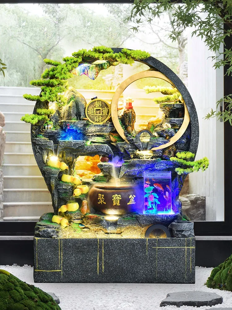 

New Chinese rockery fountain flowing water curtain wall living room entrance fish tank landscape floor ornament