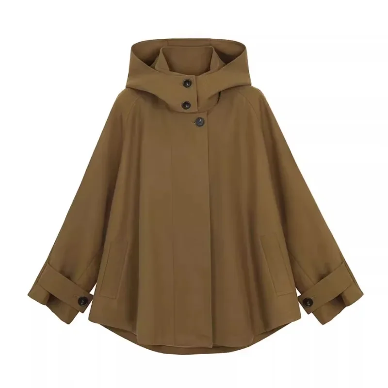 

MiiiiX Casual Style Hooded Short Trench Women's 2024 Autumn Design Stand Collar Bat Sleeved Loose A-line Jacket Female Clothes