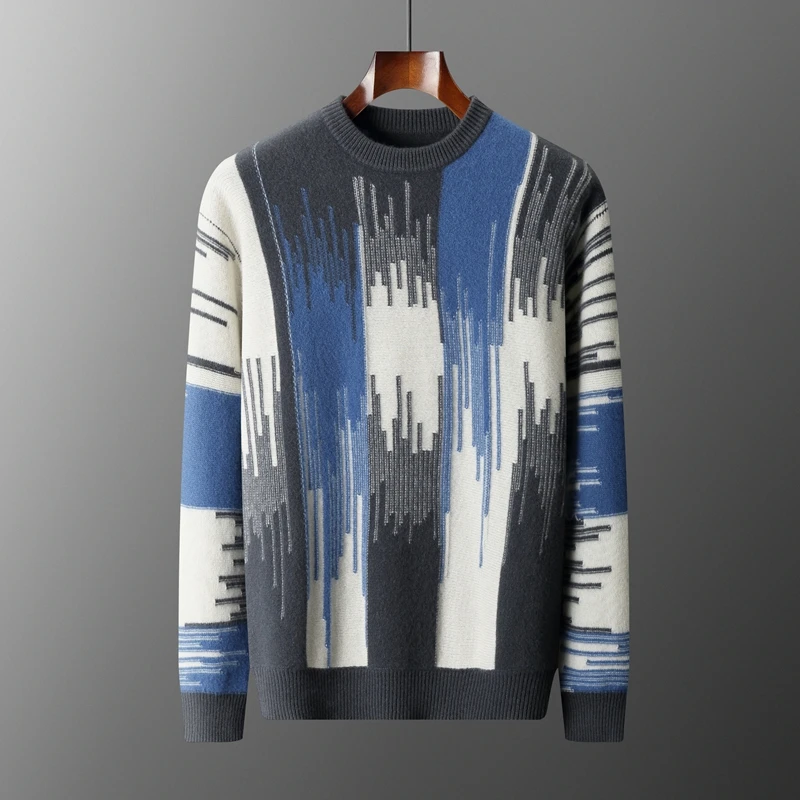 Autumn and winter new men's O-neck thick color matching sweater loose Joker 100% pure wool knitted cashmere sweater.