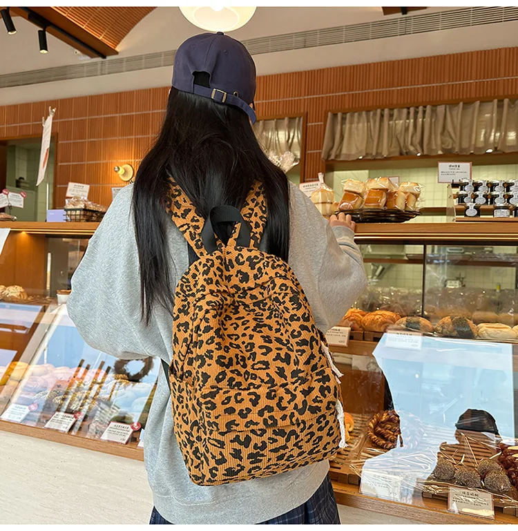 Street trend leopard print schoolbag corduroy thickened backpack female students light leisure travel backpack