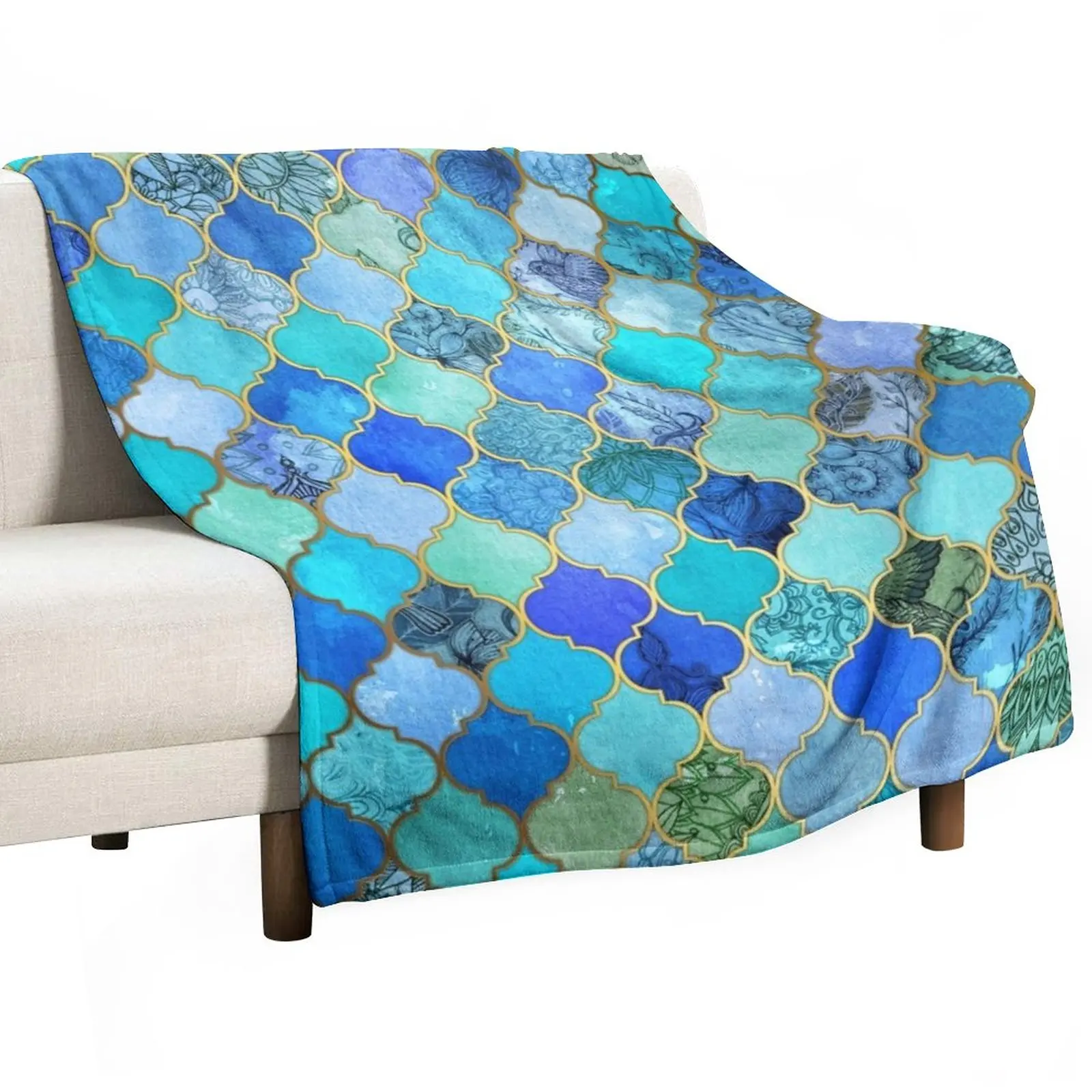 

Cobalt Blue, Aqua & Gold Decorative Moroccan Tile Pattern Throw Blanket Softest Moving Loose Luxury Throw Blankets