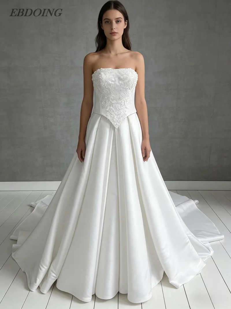 

EBDOING Customized Wedding Dress A-Line Satin Strapless Basque Chapel Train Bride Gown