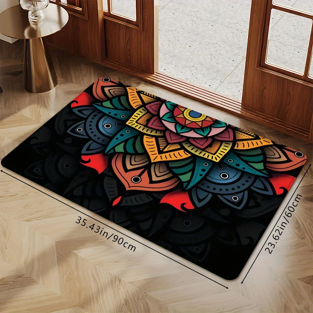 Colorful Mandala Door Mat, Bohemian Floral Geometric Entrance Floor Rug, Vibrant Boho Style Entryway Carpet