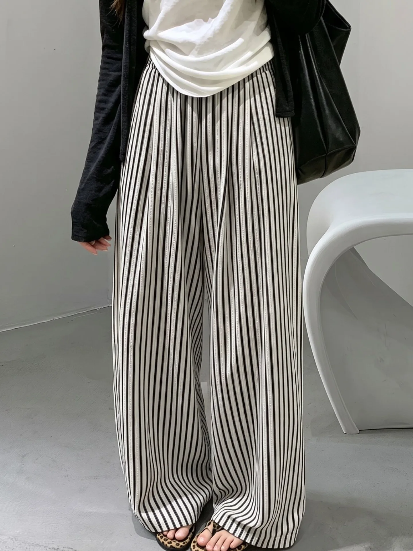 Summer Thin Ice Silk Wide Leg Pants Women's Striped Yamamoto Straight Casual High Waist Comfortable Breathable Trousers