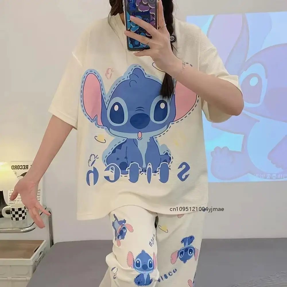 Anime Disney Stitch Silk Pajamas Women's Summer Casual Home Short-Sleeved Trousers Three-Piece Loungewear Women's Pajamas Set