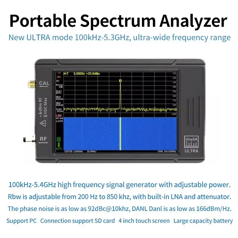 Handheld Tiny Spectrum Analyzer 4 Inch Touch Screen with 3000mAh Battery 100KHz-5.3GHz RF Tinysa Ultra Tiny Spectrum Analyzer