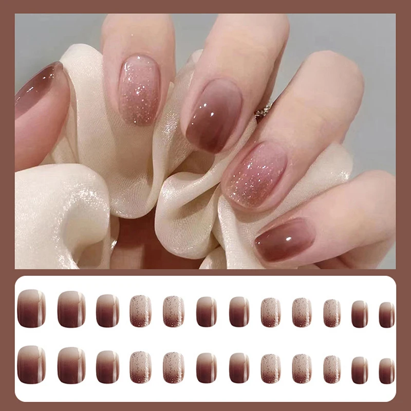 24PCS Full Coverage Nails For Girls Korean Cute Heart Design Fake Nails Glitter Nails Set Press On With Adhesive Strips