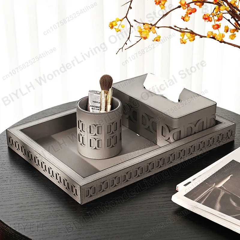 PU Leather Tray Home Decoration Storage Box Hollow Pattern Storage Tray High-end Light Luxury High-end Storage Box Pen Holder