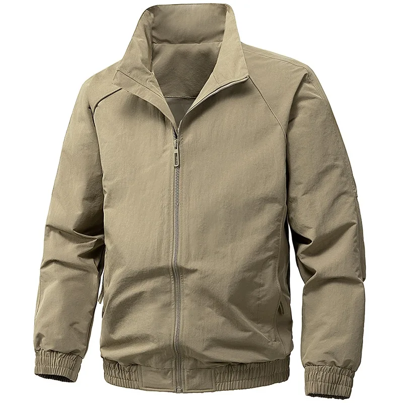 

Мужская легкая куртка-бомбер с воротником-стойкой, однотонная, на молнии, повседневная ветровка с эластичными манжетами и низом