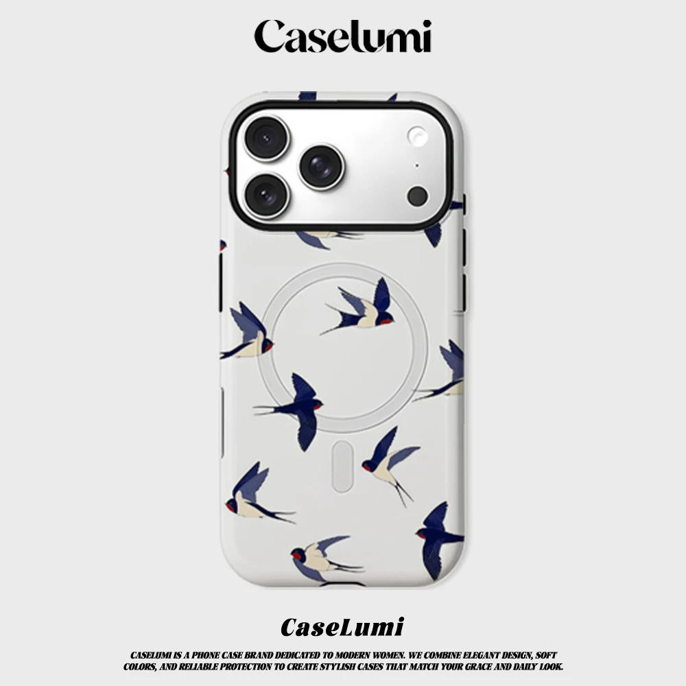 

Чехол CaseLumi Matte Bumper для MagSafe для iPhone 17 16 15 14 Plus 13 Pro Max, противоударный, из твердого поликарбоната, элегантный, с узором «Ласточки», многоразовый