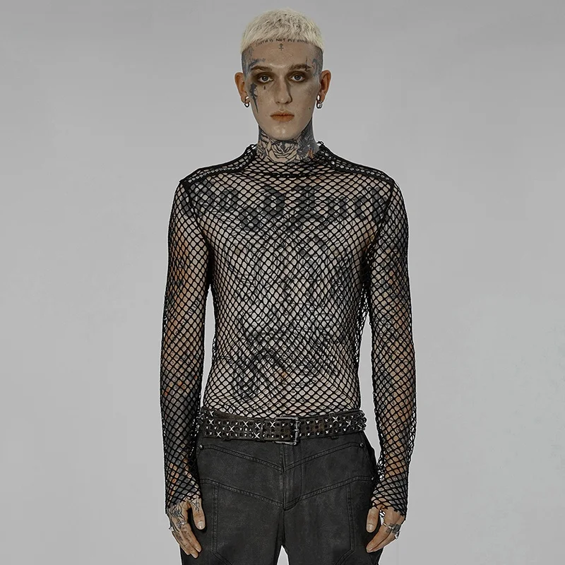 

Punk Rave Men's Slim Fit Long Sleeve T-Shirt Mesh Hollow out See through Semi High Collar Breathable Youth Fashion Daily Wear