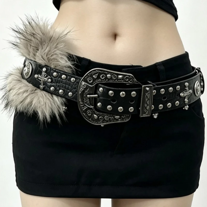 Y2K Millennial Western Cowboy Rhinestone Wide Belt Crocodile Print Faux Fur Splicing Punk Rivets Metal Carved Buckle Waistband