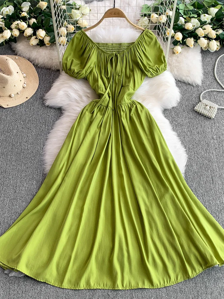 een Elely Tied Square Collar Bubble Sve Dr Women's Summer Pleated Waist Cinching Slimming Maxi Skirt Korean Sle