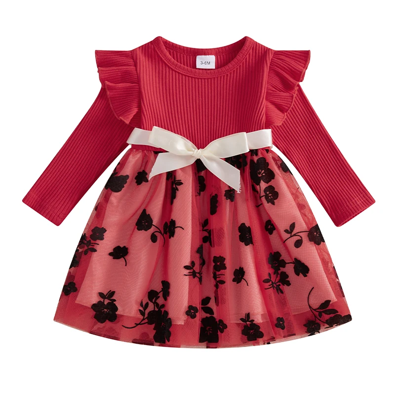 

Baby Girl Fall Dress Ruffled Long Sleeve Crew Neck Floral Mesh Patchwork A-Line Dress