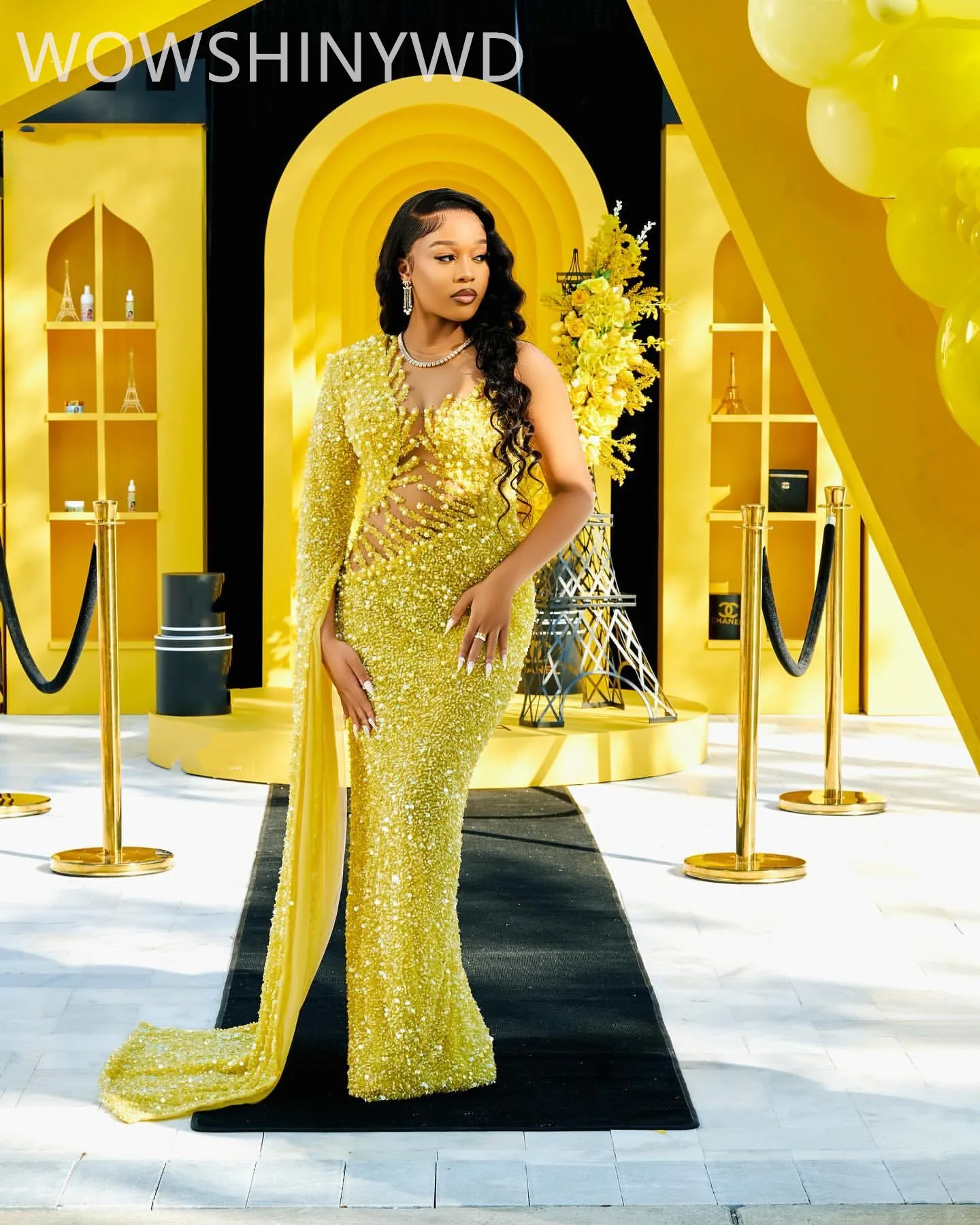 2024 Aso Ebi African Yellow Sheath Prom Dresses Beaded Sequined Evening Party Second Engagement Birthday Gowns Dress