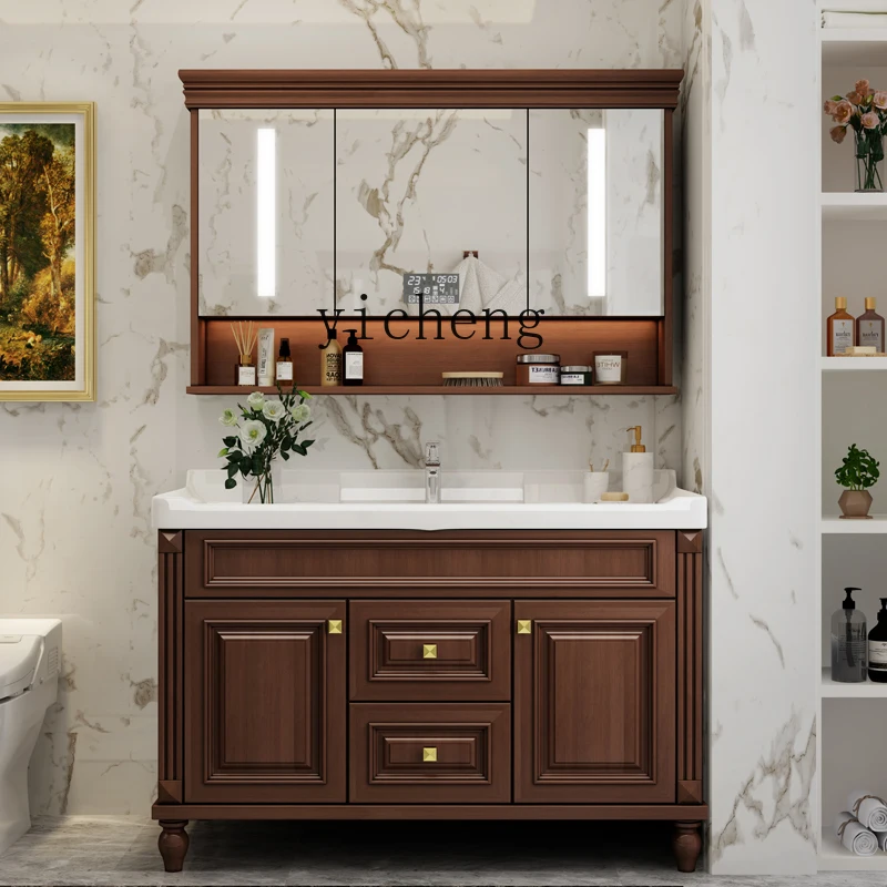 TQH oak bathroom cabinet floor-to-ceiling face wash basin solid wood wash basin bathroom integrated pottery basin cabinet