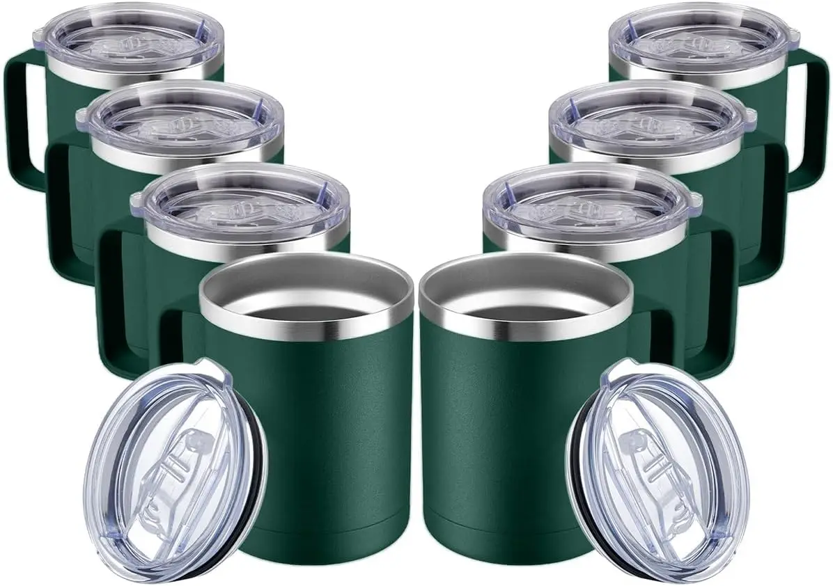 

12oz Stainless Steel Travel Mug with Sliding Lid, Double Wall Vacuum Insulated for Hot & Cold Drinks, Set of 8 in Forest Green