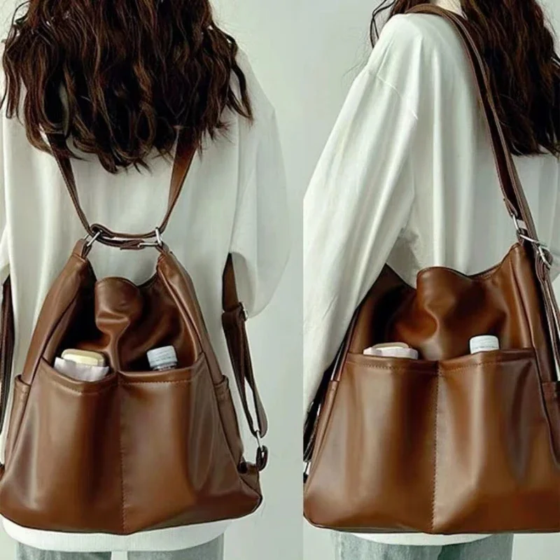 

2025 Spring New Soft PU Leather Bag Women Large Capacity Commuter Shoulder Bag Multi-functional Girl Messenger Bag Backpack