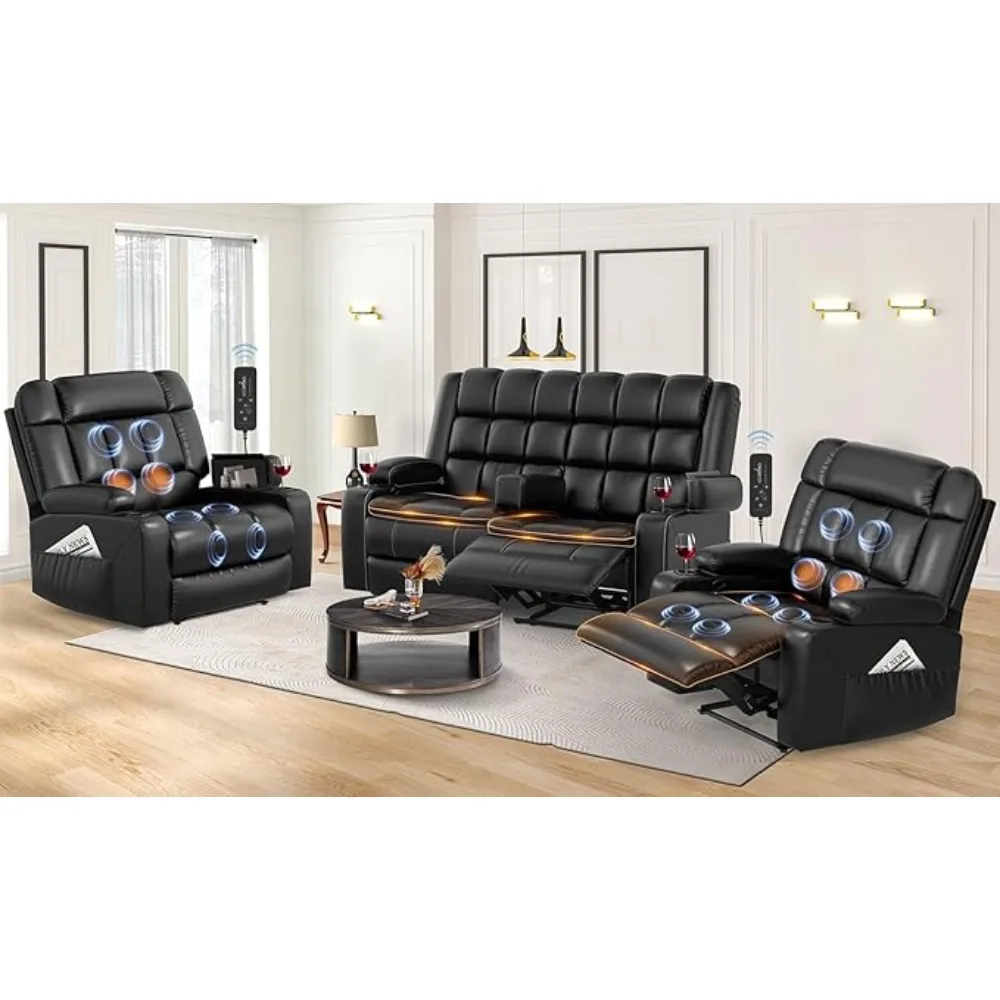 Reclining Sofa and Loveseat Set, Heat Massage, Removable Console, Storage Armrests, Breathable Faux Leather Living Room Sofas.