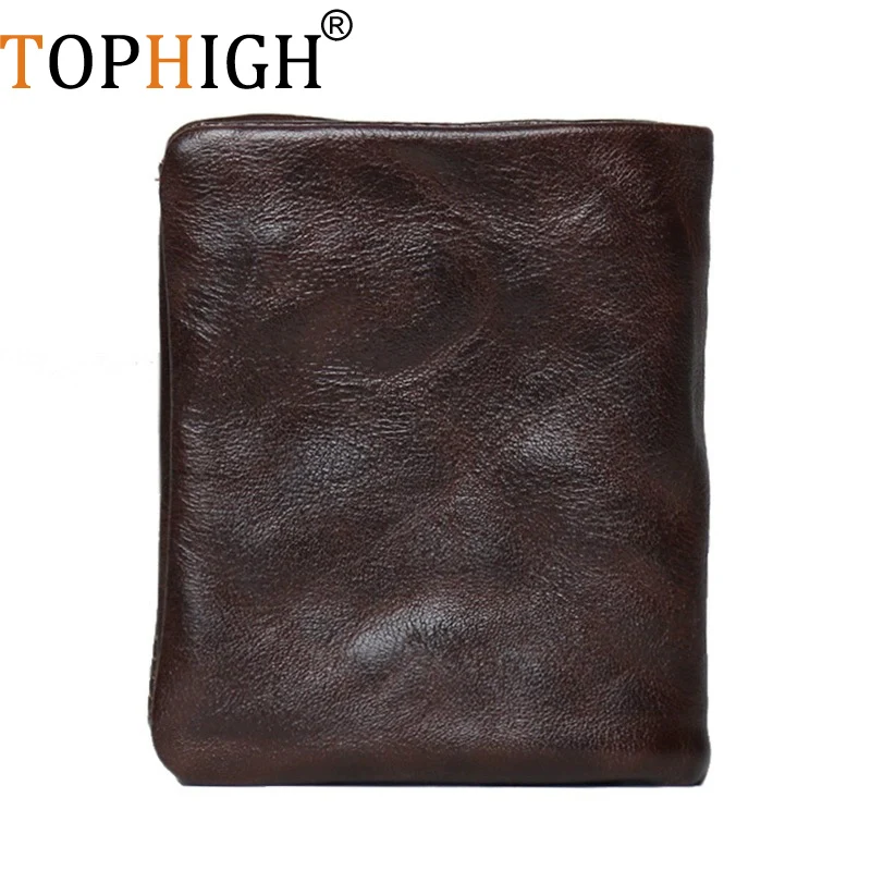 TOPHIGH New Men's Genuine Leather Wallet Layered Cowhide Tanning Simple Luxury Casual Travel Style Wear Resistant Daily Match