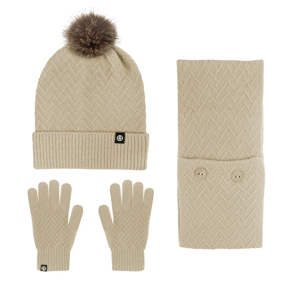 Europeo y americano invierno viajes al aire libre cálido y resistente al frío bola de lana sombrero tejido bufanda guantes conjunto de tres piezas bufandas