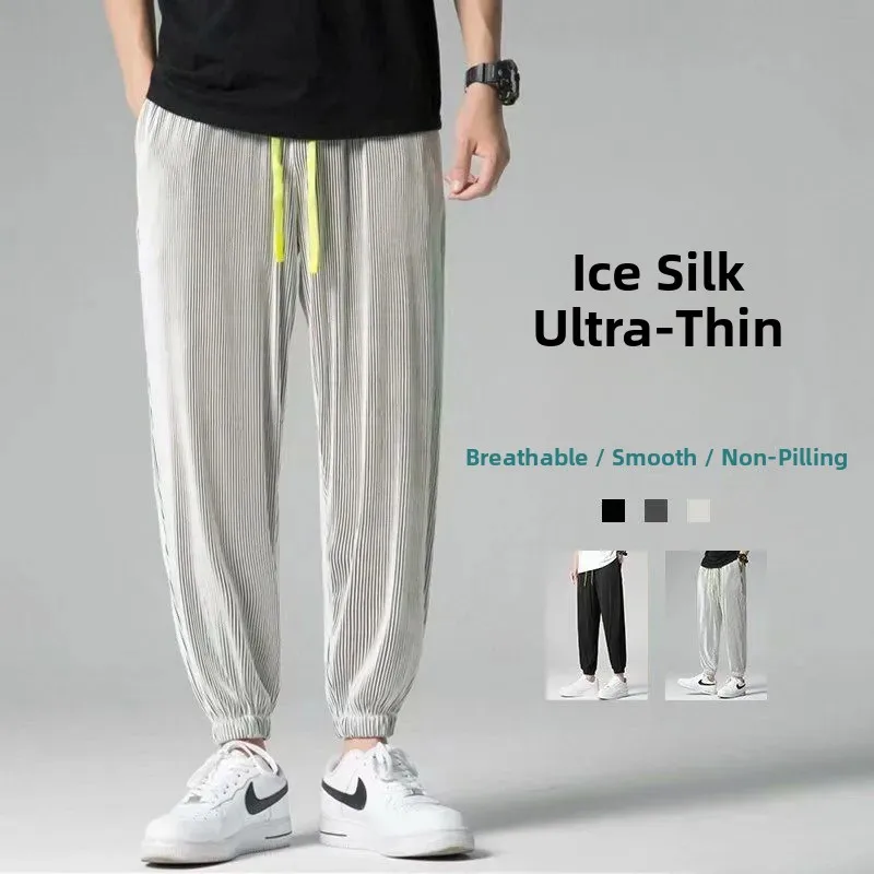 

Summer Ice Silk Ultra-Thin Loose Men's Sports Pants Drapey Trousers Casual Nine-Point Bunching Footwear Polyester Fiber