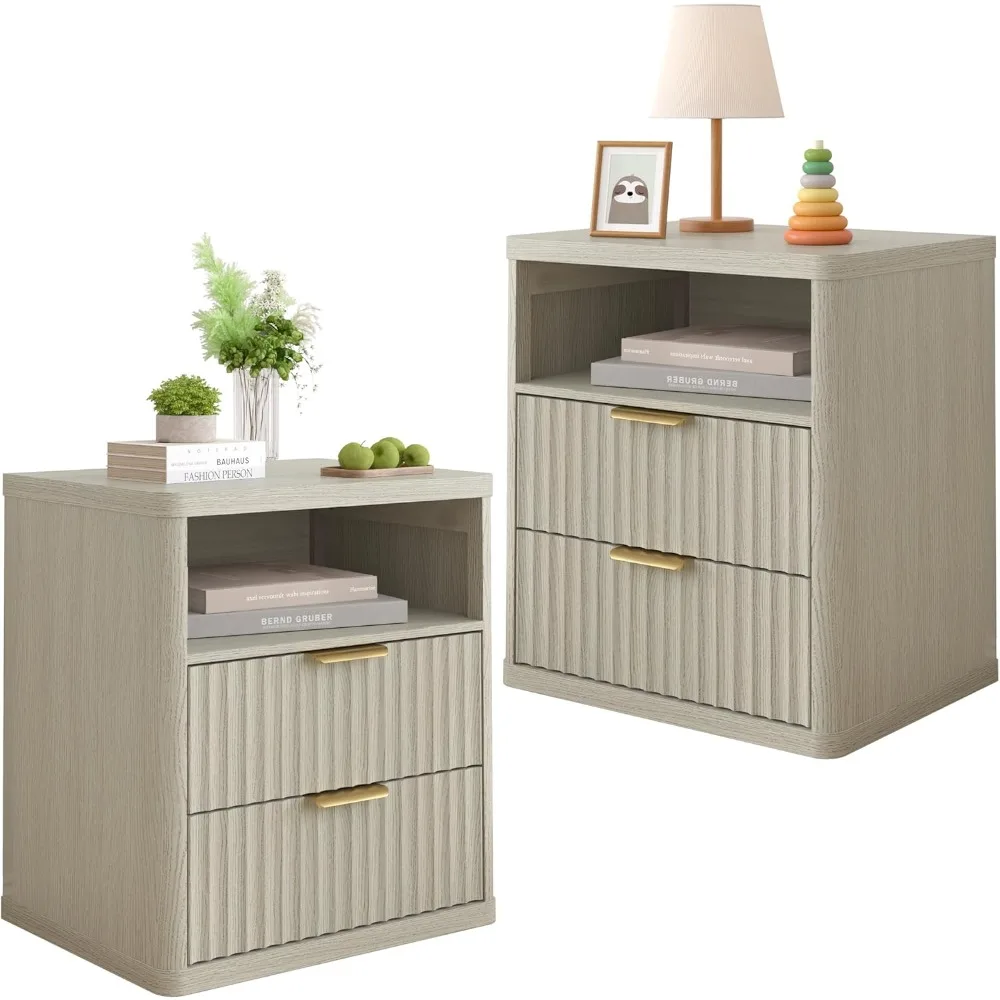 

Set of 2 Mid-Century Fluted Nightstands—21.6" Wide Modern Wood Bedside Tables w/ Drawer Storage