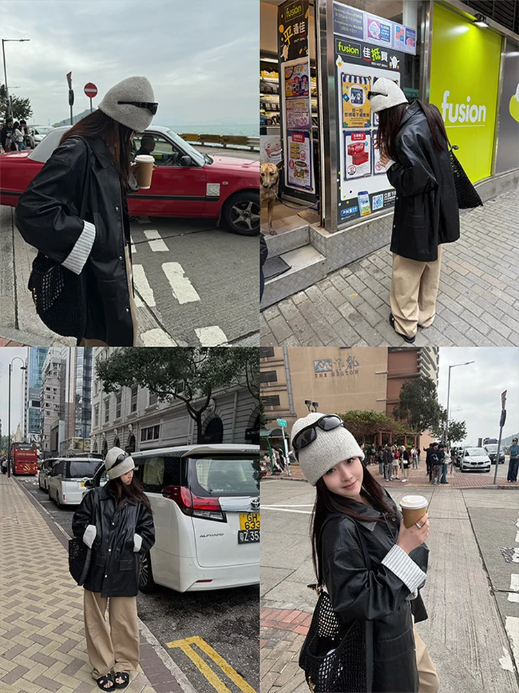 เสื้อแจ็คเก็ตหนัง PU ลายทางแนวตั้ง สไตล์เรโทร รุ่นสบายๆ เท่ๆ สไตล์ไบค์เกอร์ สำหรับผู้หญิง