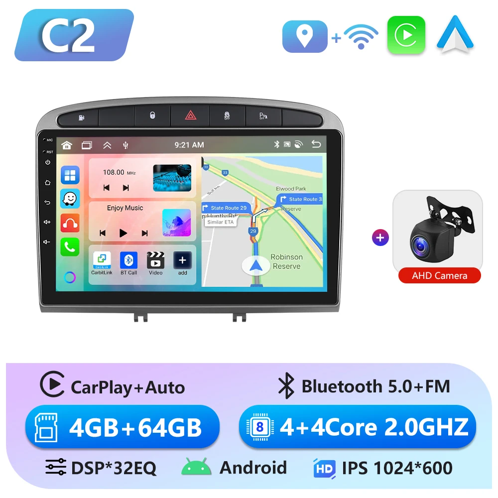 Podofo 6 + 128G CarPlay Android Auto 2 Din Autoradio voor Peugeot 308 408 2007-2015 Multimedia Video speler GPS Stereo Head Unit