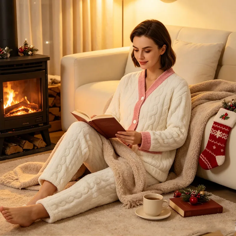 Warm Double Layer Coral Fleece Cardigan Pajama Set Womens Winter Sleepwear Loungewear Soft Cozy Home Bedroom Holiday Gift Lounge
