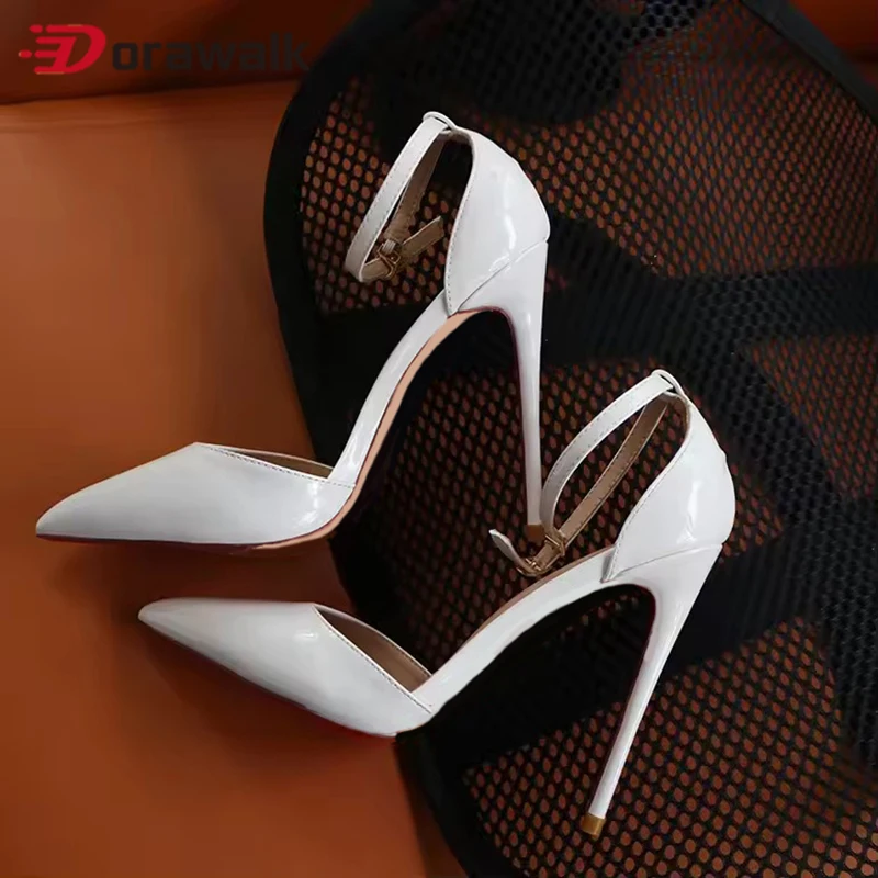 

Elegant White 12cm High Heels Red inside Patent Leather Ankle Strap Stilettos Pumps Pointed-toe Model Show Shoes Ladies Size46