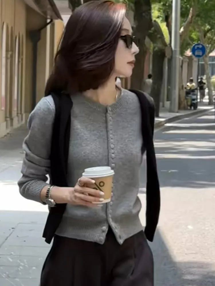 

Женский вязаный шерстяной свитер, круглый, повседневная, осенняя верхняя одежда, топ для похудения, антивозрастной, Lazy Faion, длинный свек на пуговицах