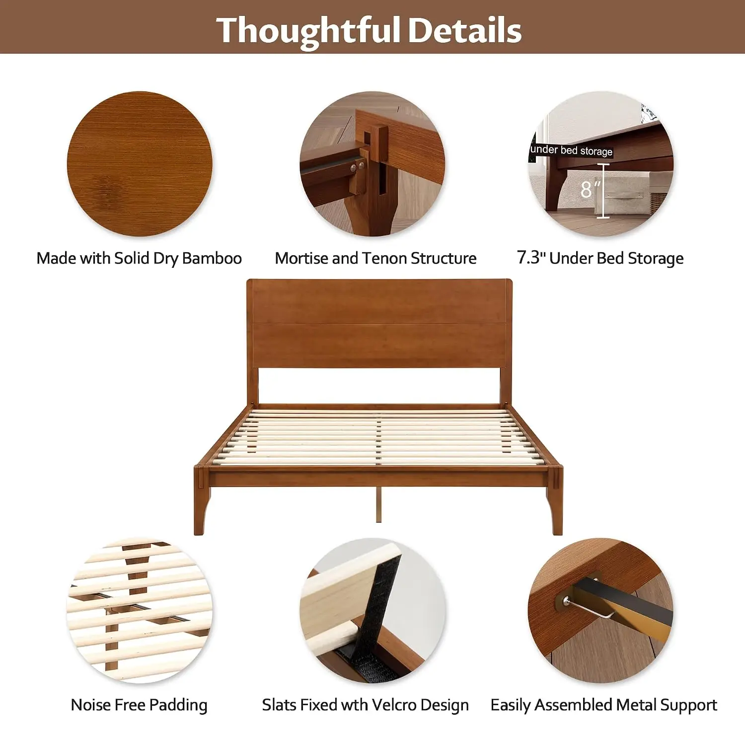 Queen Size Bamboo Platform Bed Frame with Tall Headboard, Brown | Mid-Century Modern Solid Bedframe Queen-Size,, Customized - view 4