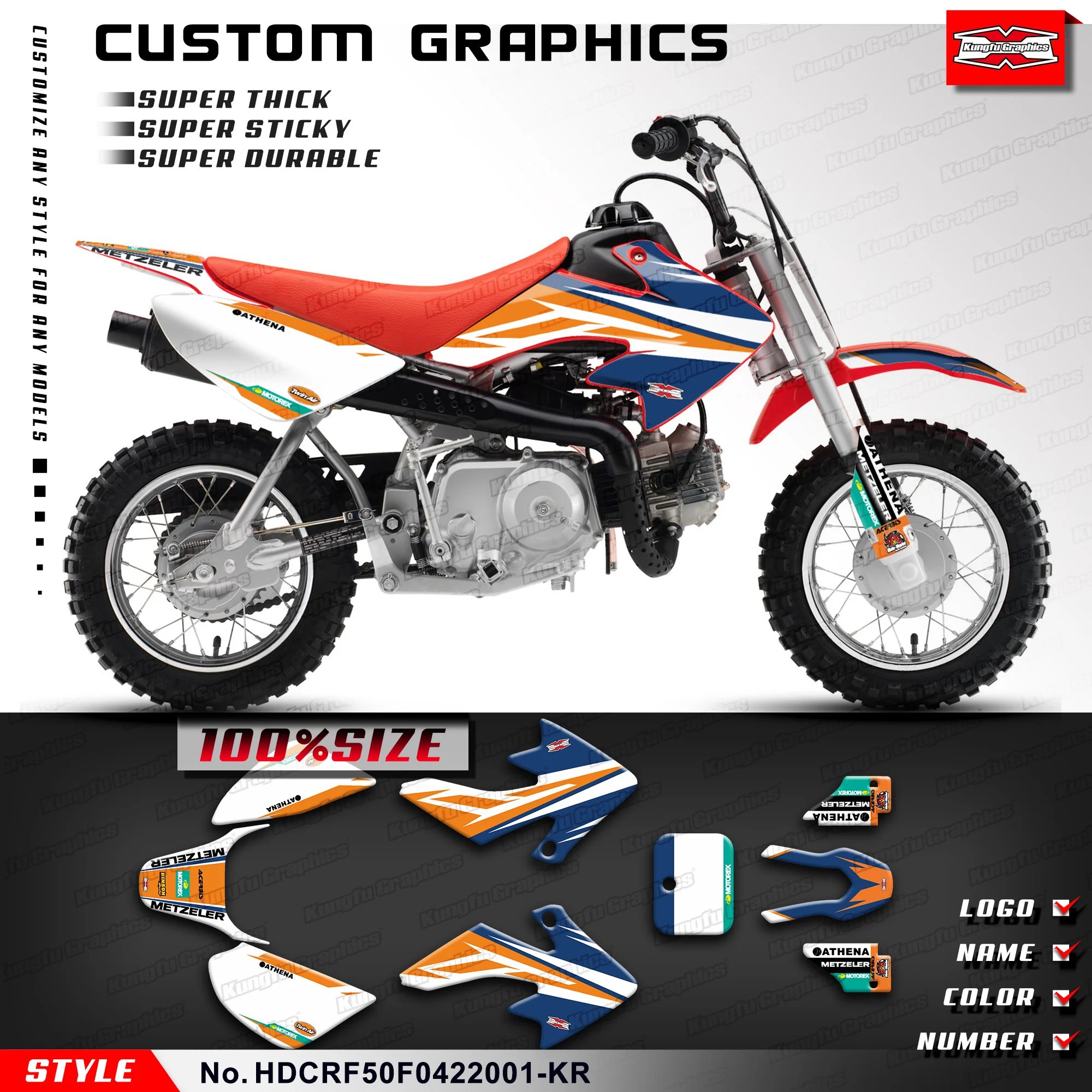 KUNGFU GRAPHICS Dirtbike Graphics Sticker Kit for Honda CRF 50F CRF50 F 2004-2023, Dirt Bike Decals, HDCRF50F0422001-KR