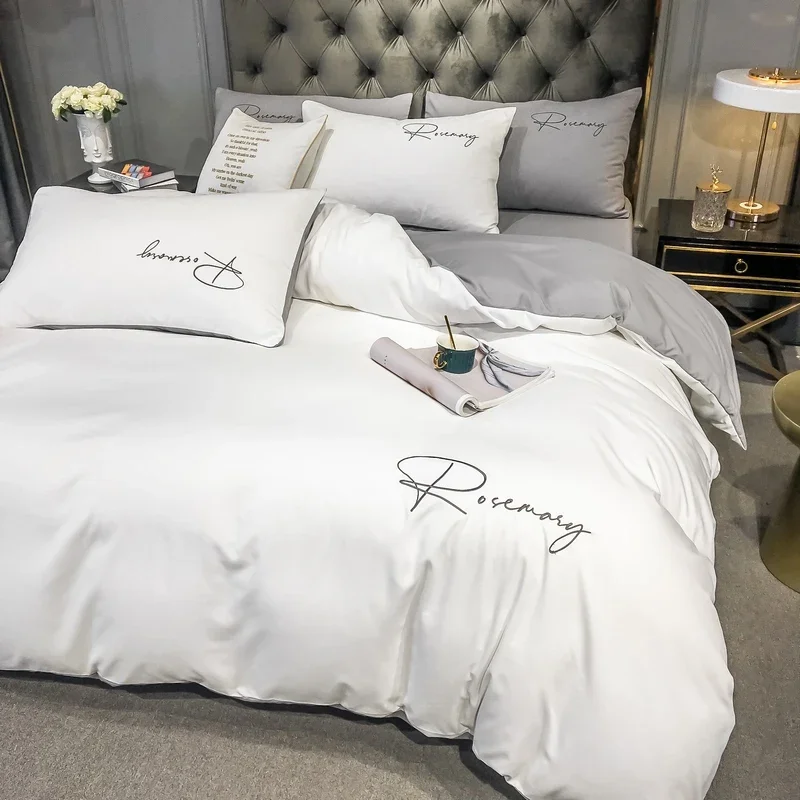 White Washed Cotton Bedding Sets Queen King Size Embroidery Duvet Cover Flat/Fitted Sheet Bed Linen Home Style Home Textiles