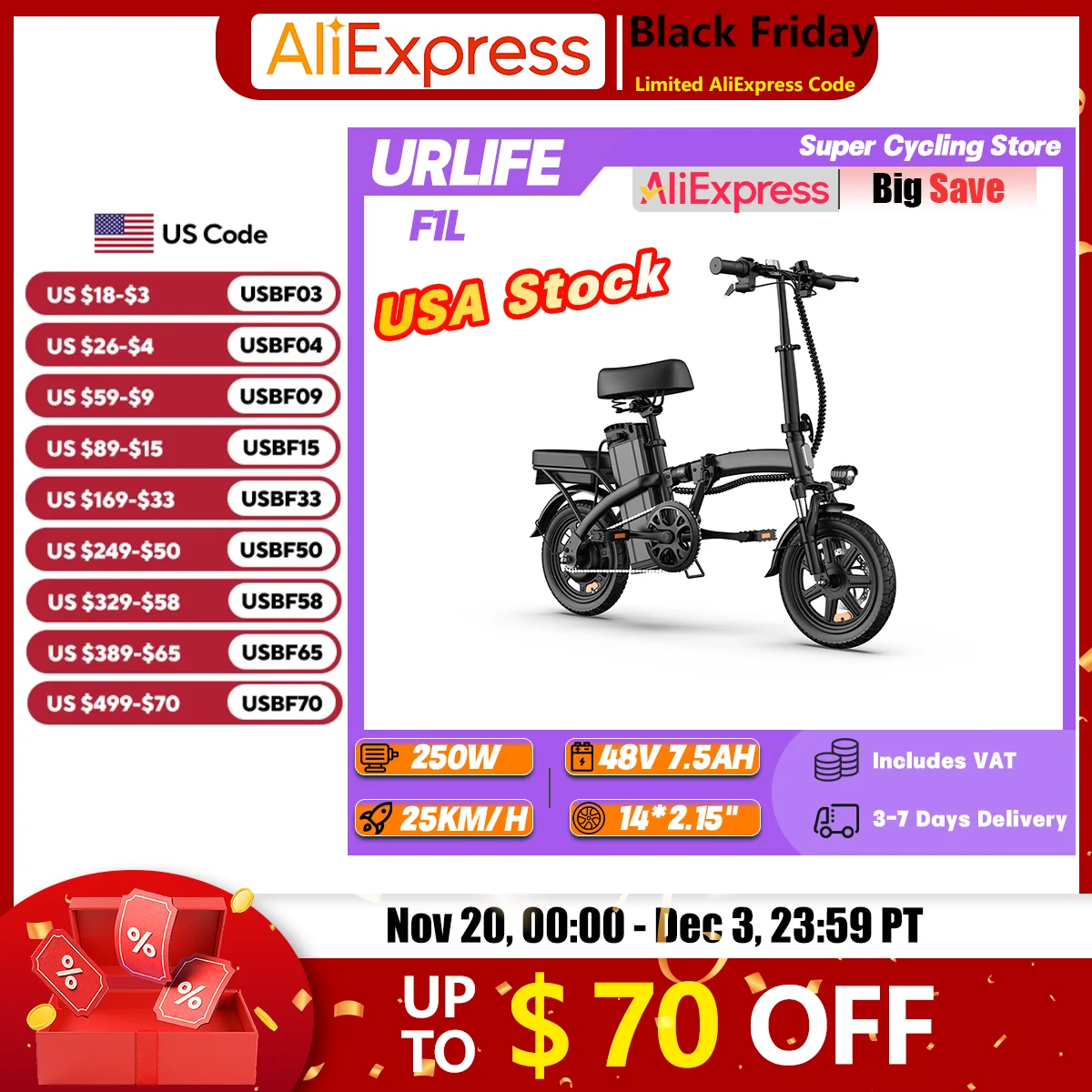 

URLIFE F1L Folding Ebike 250W 48V 7.5Ah Adult City Commuting Electric Bicycle 14*2.15 Inch Tire Teens Travel Electric Bike