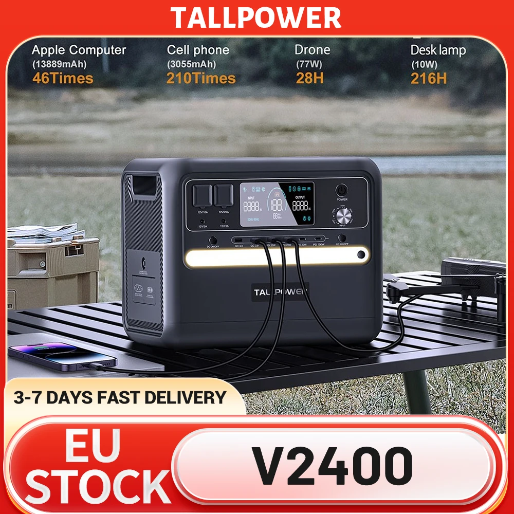 Estación de Energía Portátil TALLPOWER 2160Wh V2400, Generador Solar LiFePo4, Gran Capacidad y Salida de CA de 2400W, UPS, 13 Salidas, Protección Segura, Potencia de Entrada Ajustable, Pantalla LCD Grande para Facilitar el Uso, ＞3500 Ciclos de Carga, Enchufe EU, Corriente de Apagado de ＜500uA
