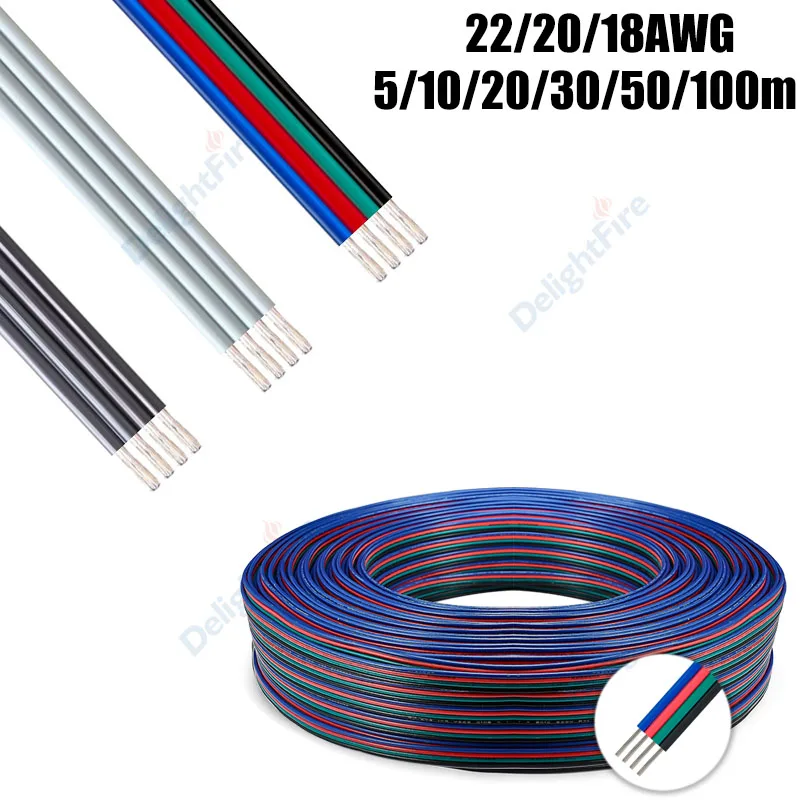 4PIN LED Extension Wires Tinned Copper 22 20 18 AWG 5/10/20/30/50/100m Flexible Electrical Cable For 5050 RGB LED Strip Lights