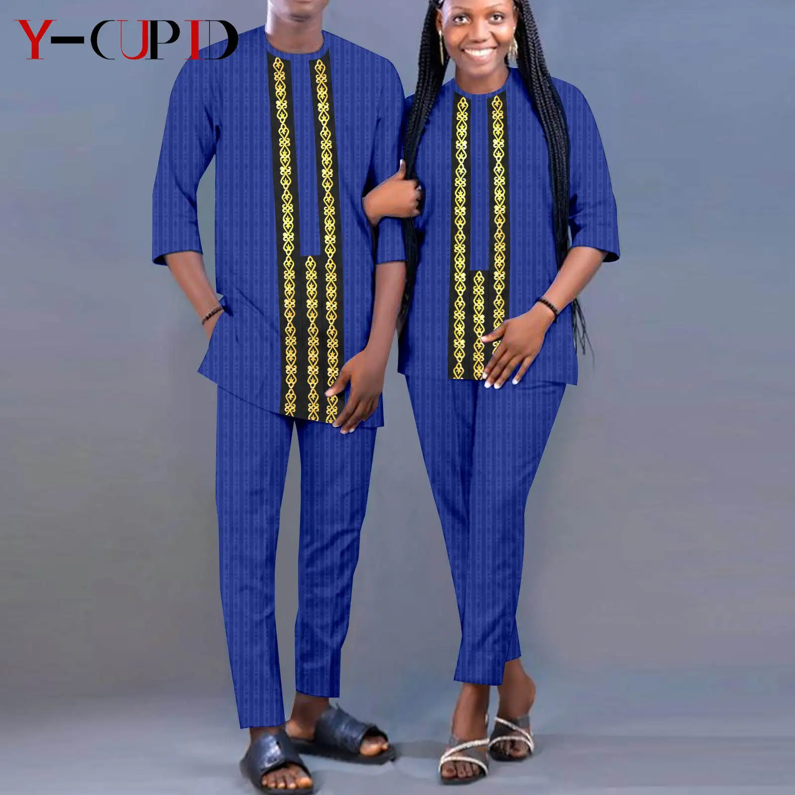 

African Clothes for Men Kaftan Matching Couple Outfits Dashiki Women Patchwork Top and Pant Sets Bazin Riche Agbada Y23C036