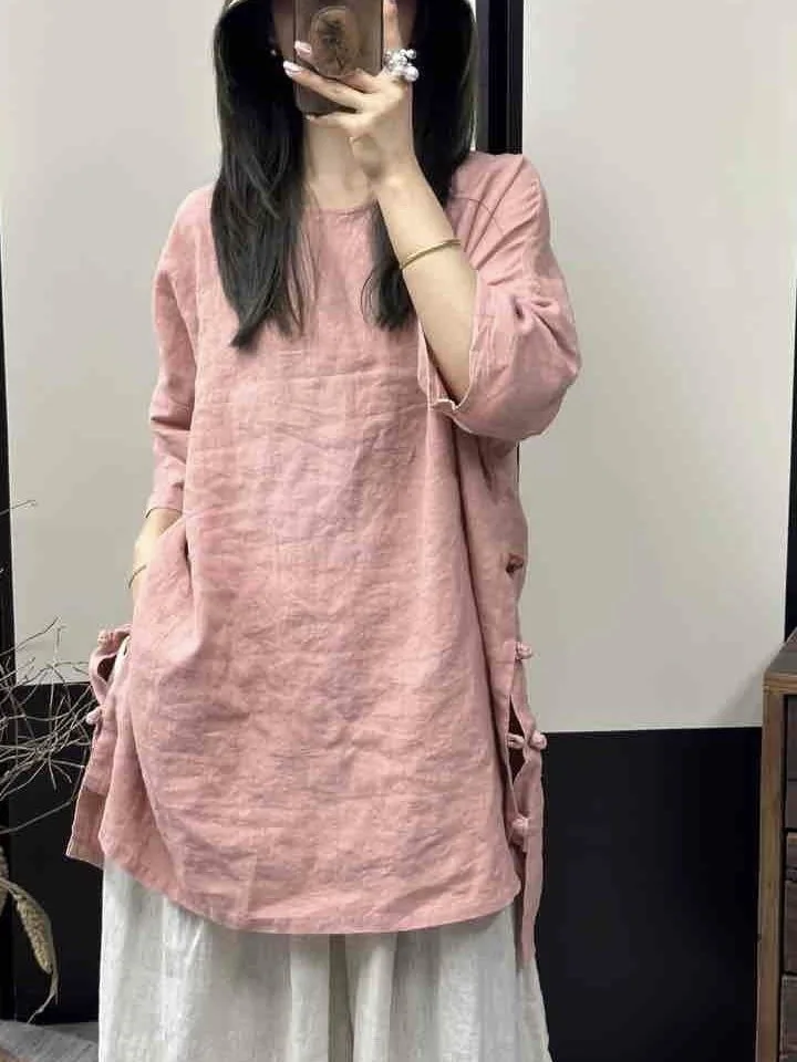 Retro Flax Shirt Women's Summer New Loose Seven-Sleeve Slit Button Mid-Length Cotton-Linen Top Women Breathable Comfortable