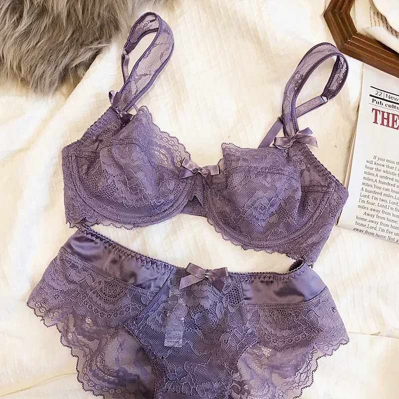 MOYISU French Romantic Ultra-thin Lace Sexy Transparent Gathering Big Breasts Show Small Underwire Bra Cover Underwear Set Women