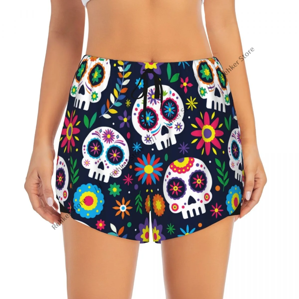 Calções esportivos femininos dia de muertos dia dos mortos correndo yoga fitness treinamento de badminton de secagem rápida com bolso