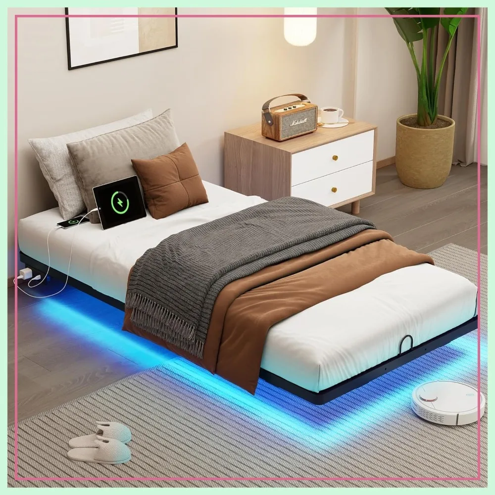 

Twin Floating Metal Bed Frame with Smart LED & Charging Station, No Box Spring Needed, Easy Assembly